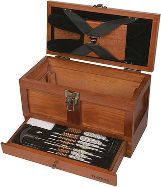 Powerful .25 &amp; up 25-Piece 70084 gun-cleaning set in oak box. Hunting-grade cleaning equip. Highest-quality materials &amp; aged-oak finish construction. Universal components to cover all firearm cleaning needs. Unbeatable brass rods, tips, mops &amp; brushes. Custom parts organizers for accessible contents. Dependable chemicals for top-notch maintenance.