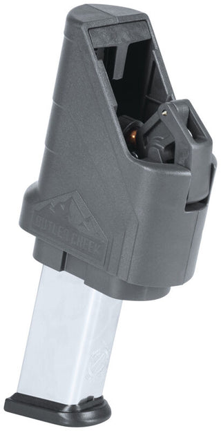 Eliminate magazine loading tedium with the Butler Creek ASAP™ Universal Double Stack Magazine Loader. Works with most double stack mags from .380 ACP to .45 ACP. Loading is simple; just push down the loader, place the round beneath the clips, and pull up.